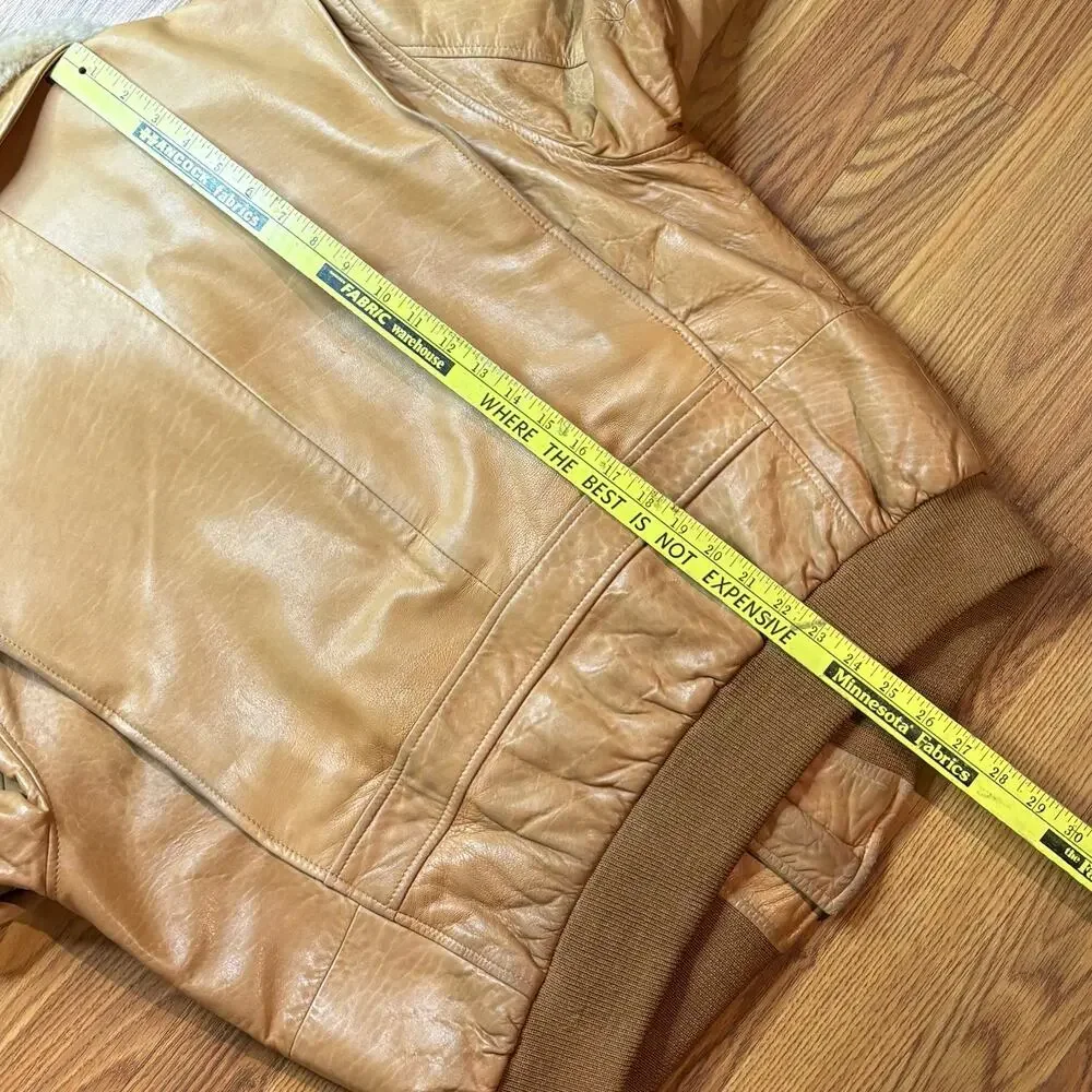 Vintage 1980s Remy Leather Bomber Tan Jacket Mens Large USA Shearling Collar